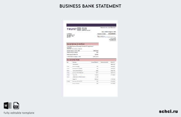 цифровая загрузка выписки по счету предприятия Truist Bank Шаблон в формате Word